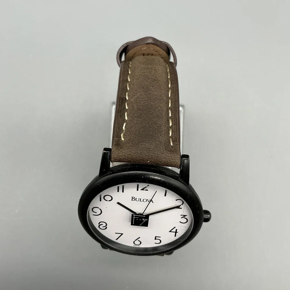 Bulova Frank Lloyd Mens Watch 35mm Black Case Leather Strap New Battery